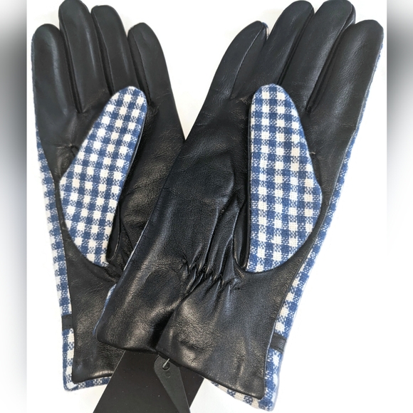 Ladies Small Navy Check Black Leather-Palm Gloves - Picture 2 of 3